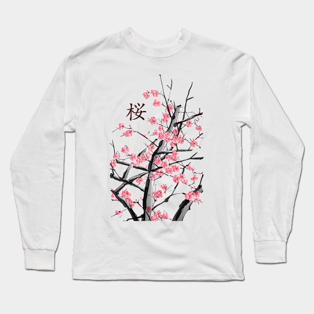 Sakura Cherry Blossom Tree Japanese Kanji Artwork Gift Long Sleeve T-Shirt by MintedFresh